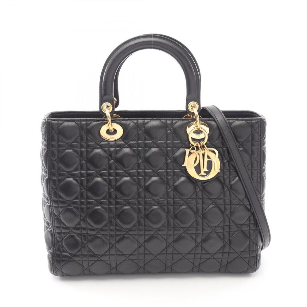 Christian Dior Lady Cannage Handbag Leather Black